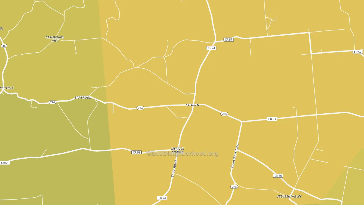 Map of the best neighborhoods in the Steuben area, with better matches in green and worse matches in red