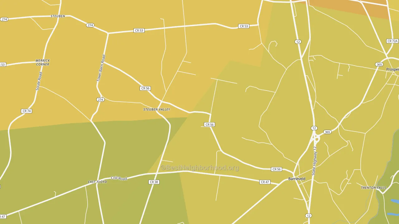 Map of the best neighborhoods in the Steuben Valley area, with better matches in green and worse matches in red