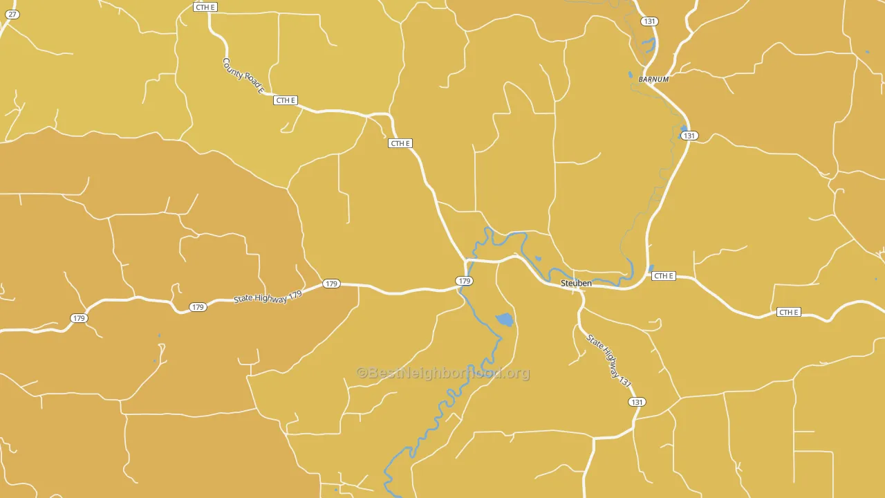 Map of the best neighborhoods in the Steuben area, with better matches in green and worse matches in red