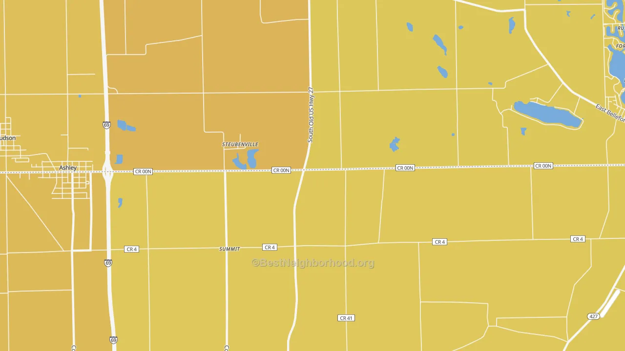 Map of the best neighborhoods in the Steubenville area, with better matches in green and worse matches in red