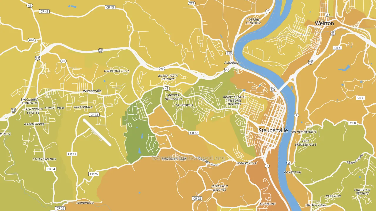 Map of the best neighborhoods in the Steubenville area, with better matches in green and worse matches in red