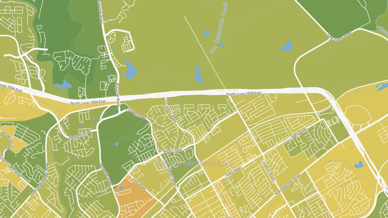 Map of the best neighborhoods in the Steubing Ranch, San Antonio area, with better matches in green and worse matches in red