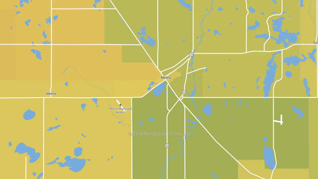 Map of the best neighborhoods in the Stevens County area, with better matches in green and worse matches in red