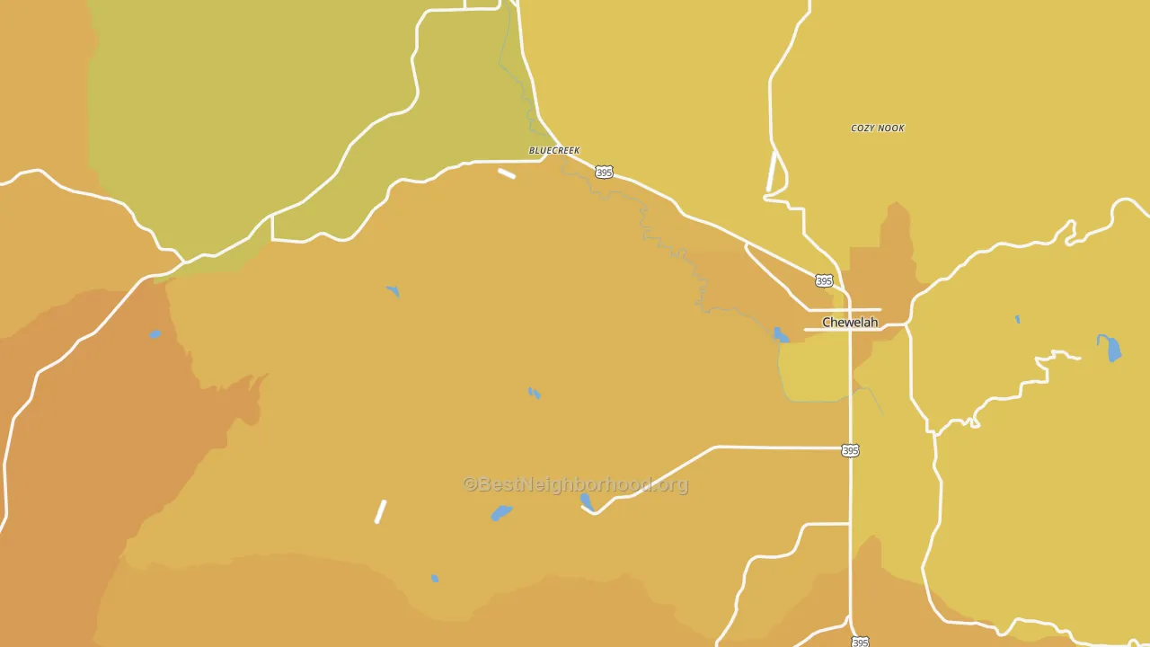 Map of the best neighborhoods in the Stevens County area, with better matches in green and worse matches in red