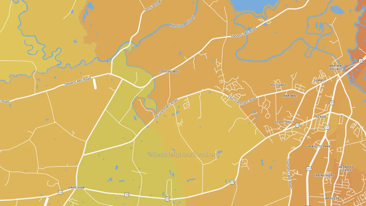 Map of the best neighborhoods in the Stevens Mill area, with better matches in green and worse matches in red