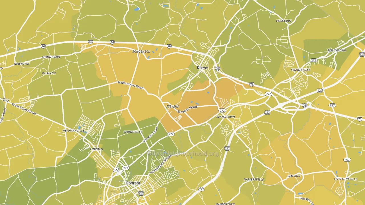 Map of the best neighborhoods in the Stevens area, with better matches in green and worse matches in red