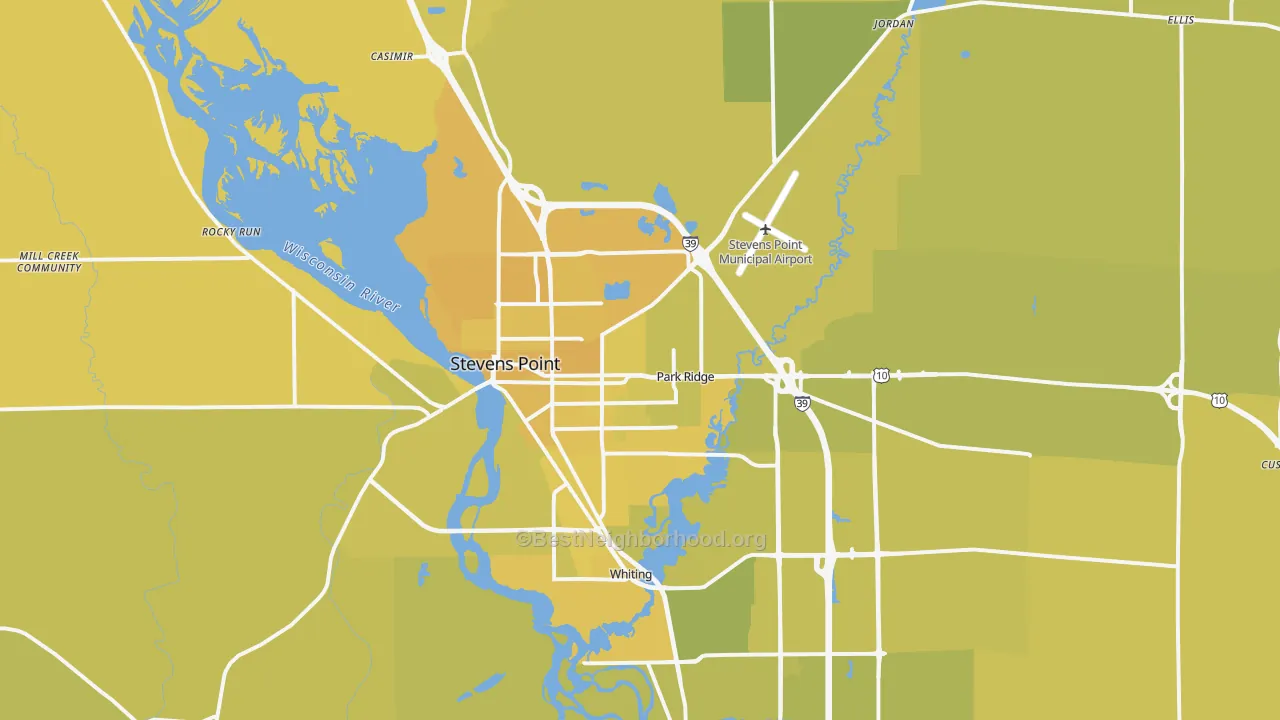 Map of the best neighborhoods in the Stevens Point area, with better matches in green and worse matches in red