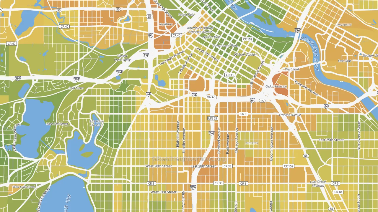 Map of the best neighborhoods in the Stevens Square, Minneapolis area, with better matches in green and worse matches in red