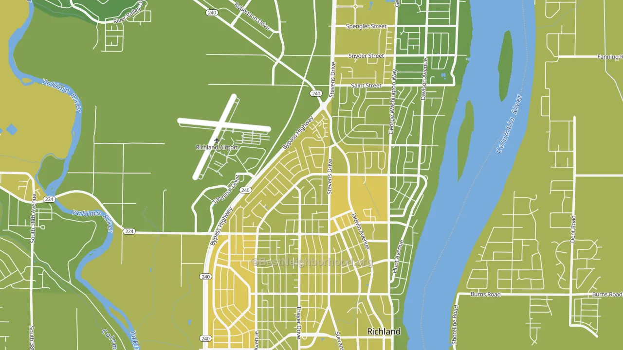 Map of the best neighborhoods in the Stevens Triangle, Richland area, with better matches in green and worse matches in red
