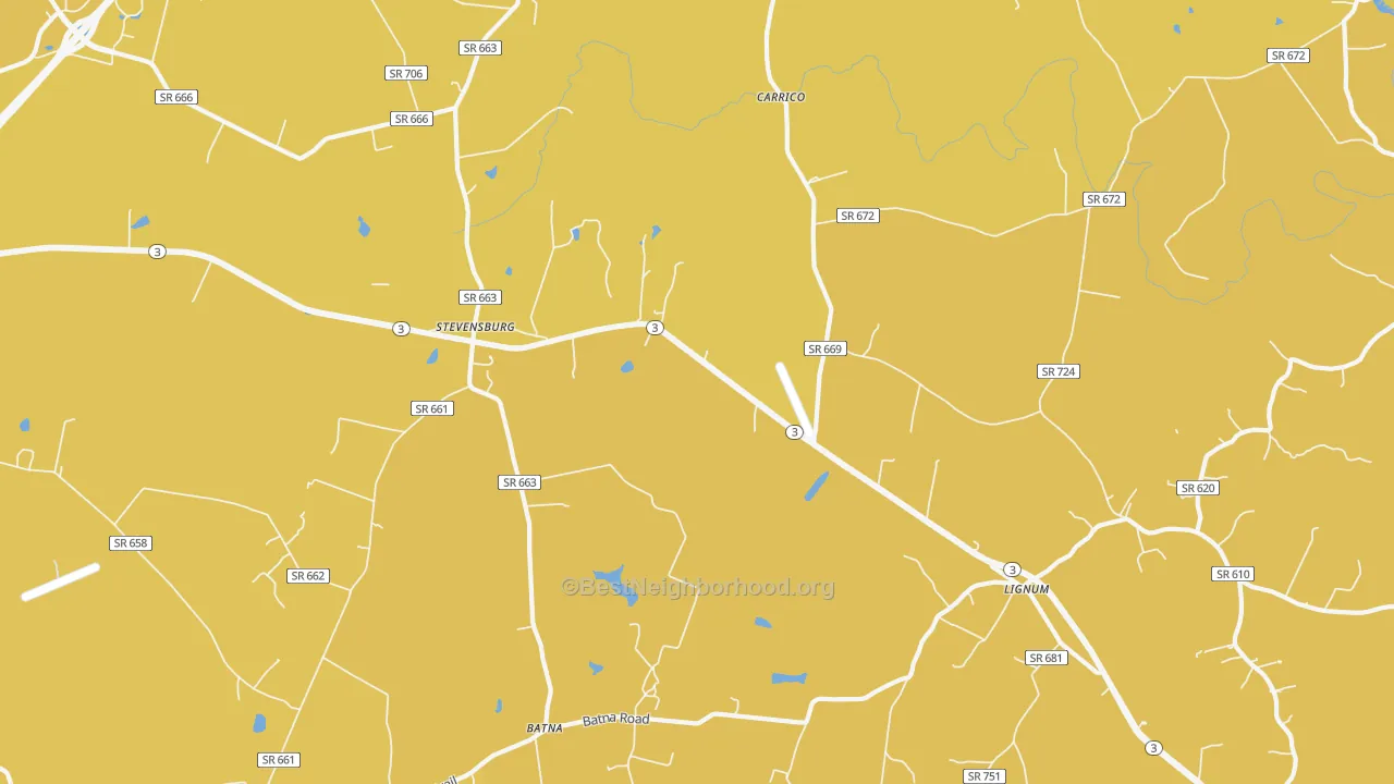 Map of the best neighborhoods in the Stevensburg area, with better matches in green and worse matches in red