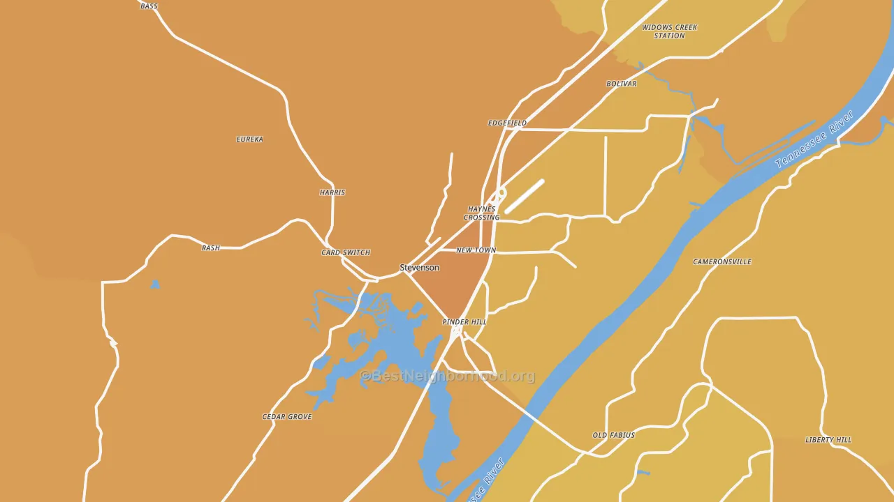 Map of the best neighborhoods in the Stevenson area, with better matches in green and worse matches in red