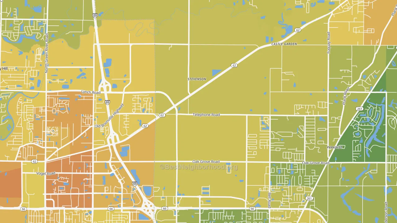 Map of the best neighborhoods in the Stevenson area, with better matches in green and worse matches in red