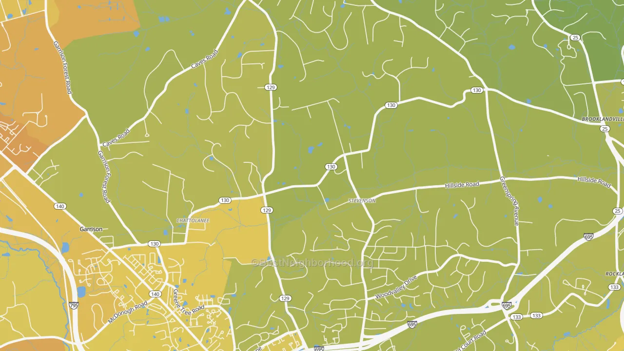 Map of the best neighborhoods in the Stevenson area, with better matches in green and worse matches in red
