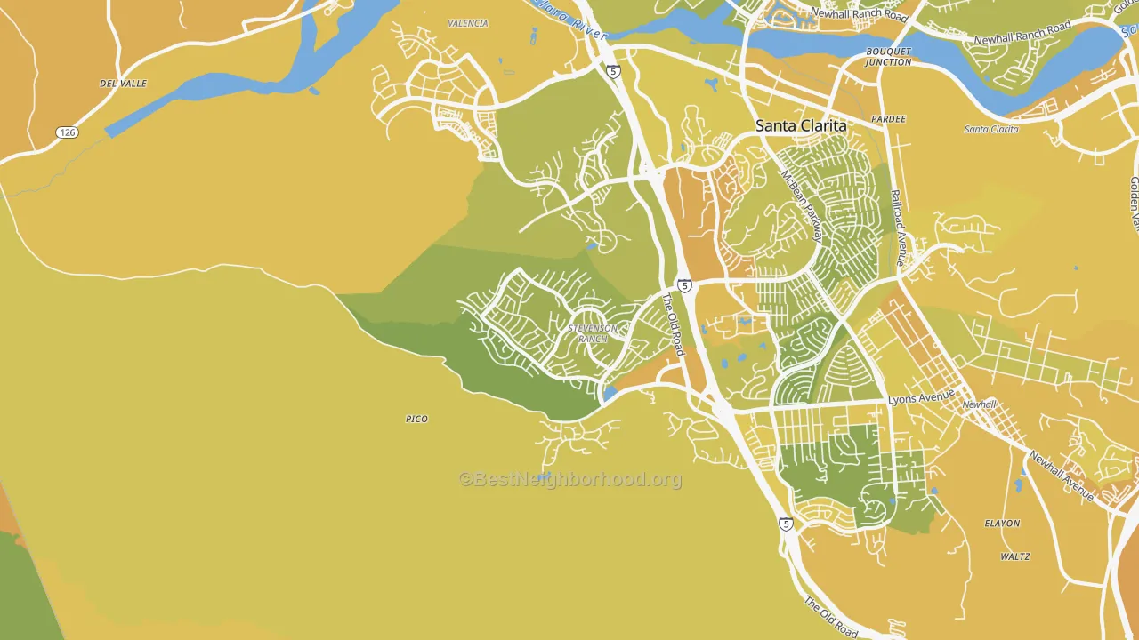 Map of the best neighborhoods in the Stevenson Ranch area, with better matches in green and worse matches in red