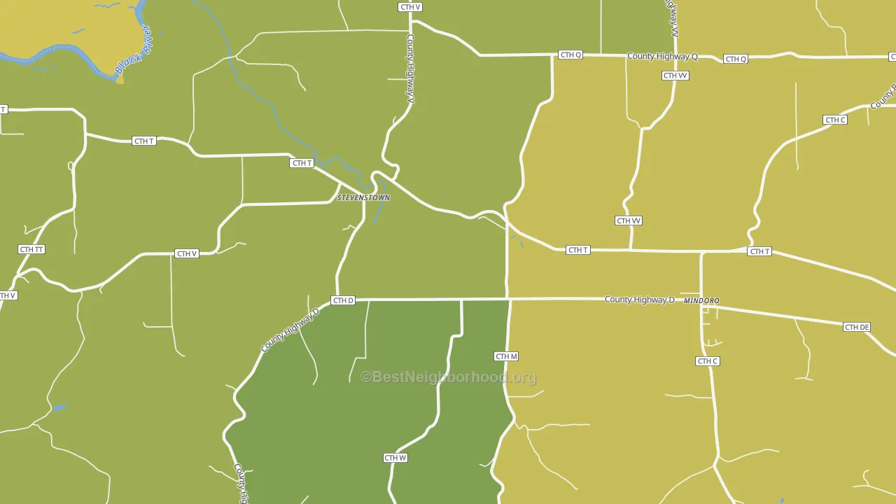 Map of the best neighborhoods in the Stevenstown area, with better matches in green and worse matches in red