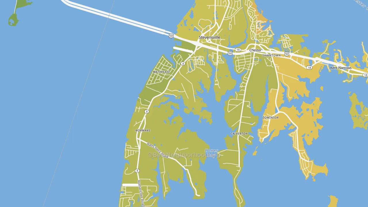 Map of the best neighborhoods in the Stevensville area, with better matches in green and worse matches in red