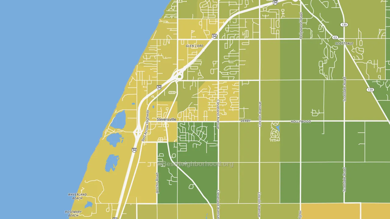 Map of the best neighborhoods in the Stevensville area, with better matches in green and worse matches in red