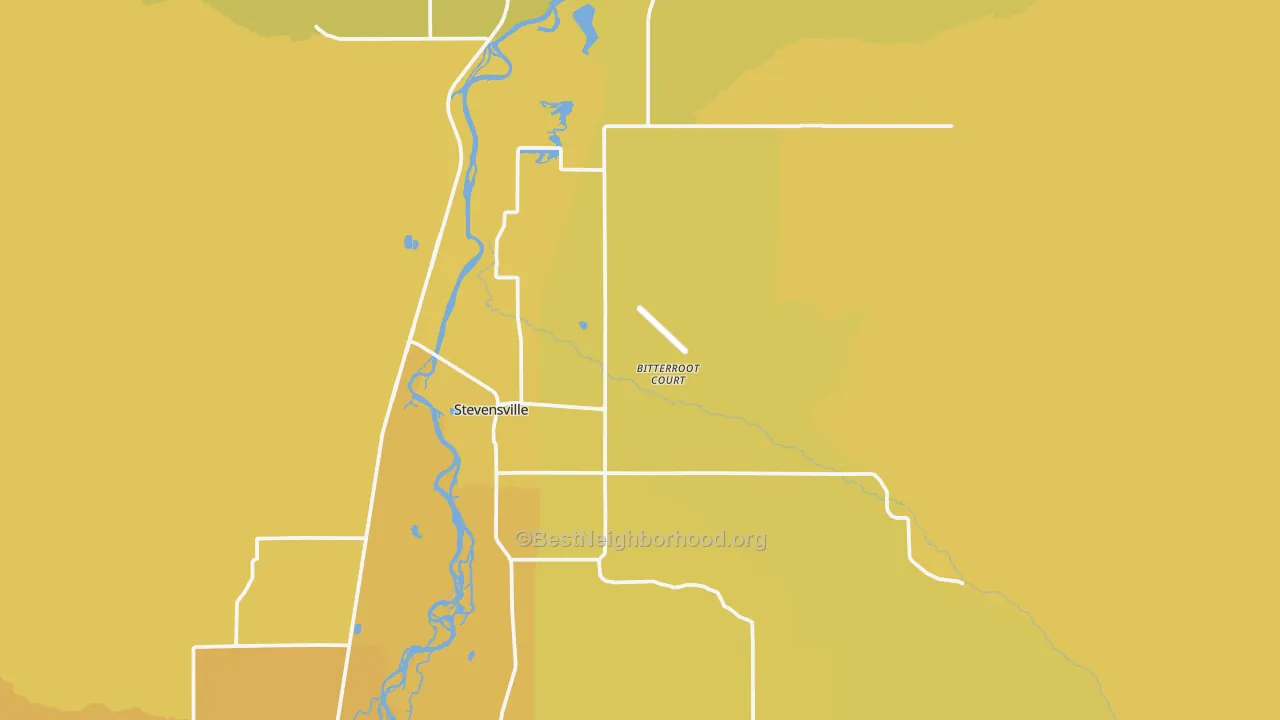 Map of the best neighborhoods in the Stevensville area, with better matches in green and worse matches in red
