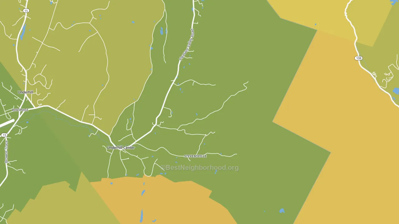 Map of the best neighborhoods in the Stevensville area, with better matches in green and worse matches in red