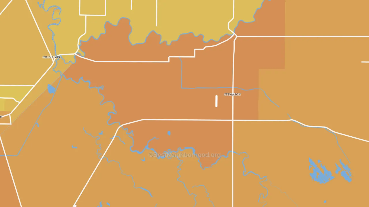 Map of the best neighborhoods in the Stevinson area, with better matches in green and worse matches in red