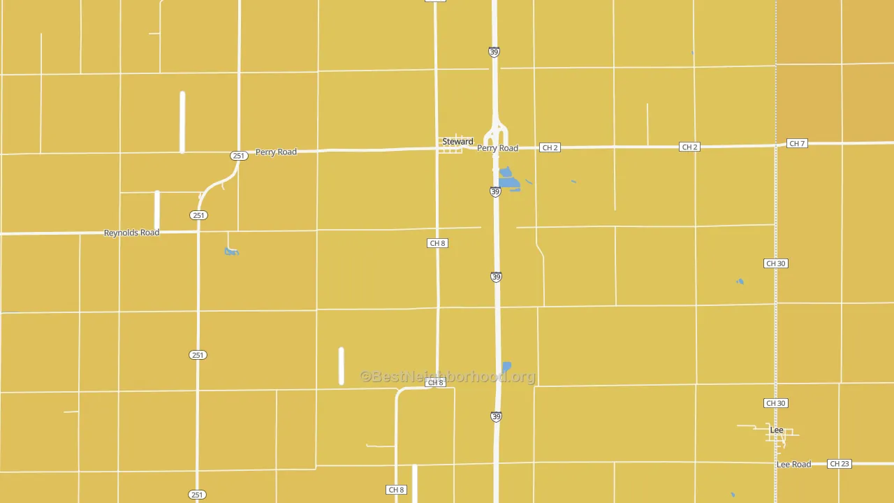 Map of the best neighborhoods in the Steward area, with better matches in green and worse matches in red