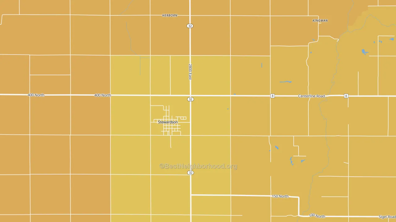 Map of the best neighborhoods in the Stewardson area, with better matches in green and worse matches in red