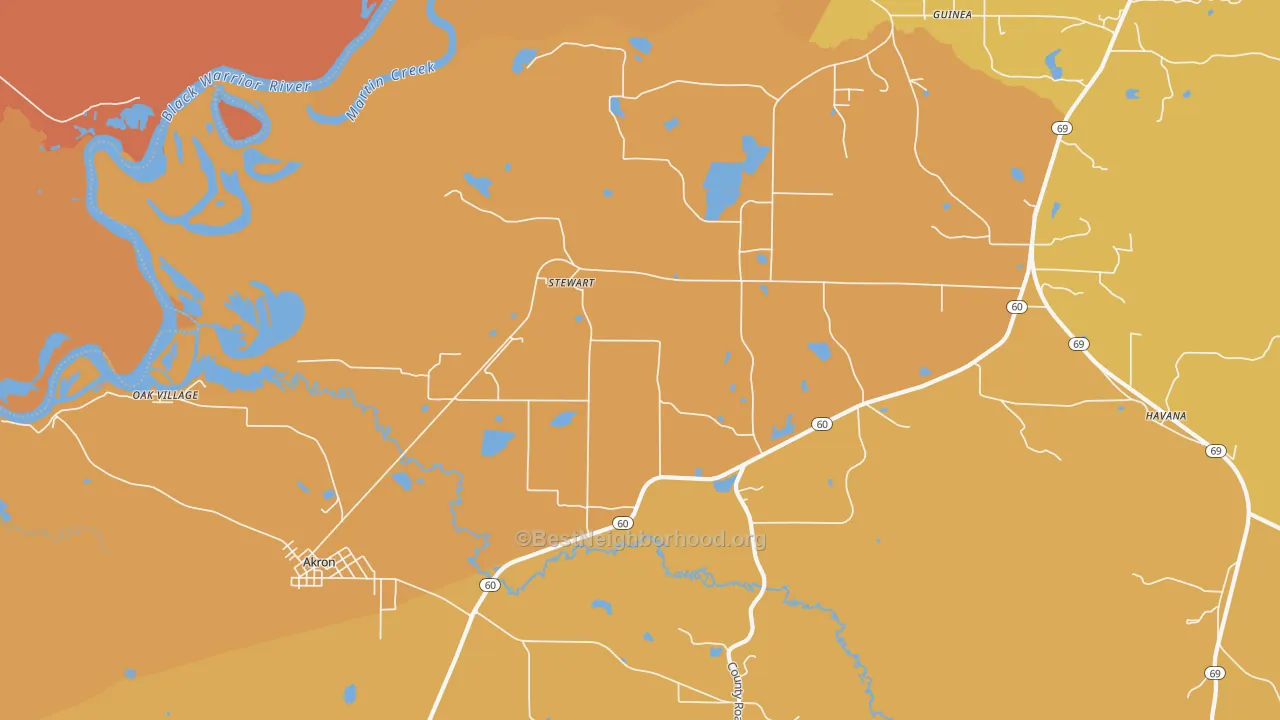 Map of the best neighborhoods in the Stewart area, with better matches in green and worse matches in red