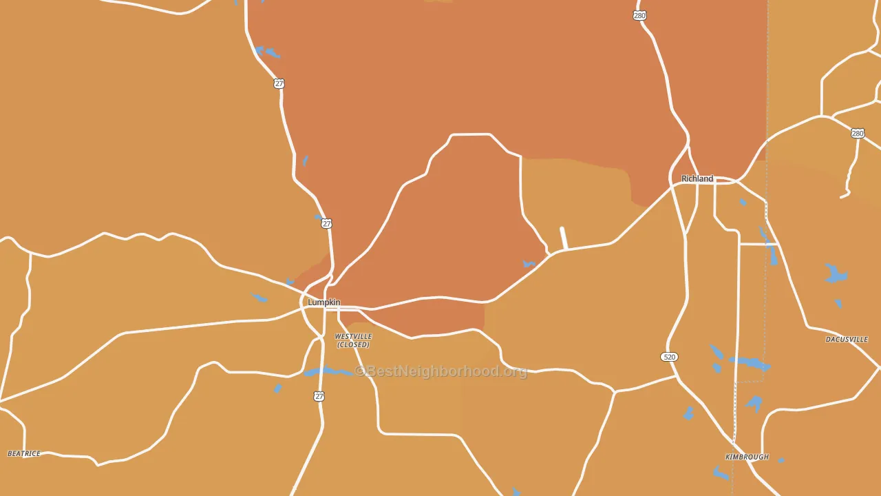 Map of the best neighborhoods in the Stewart County area, with better matches in green and worse matches in red