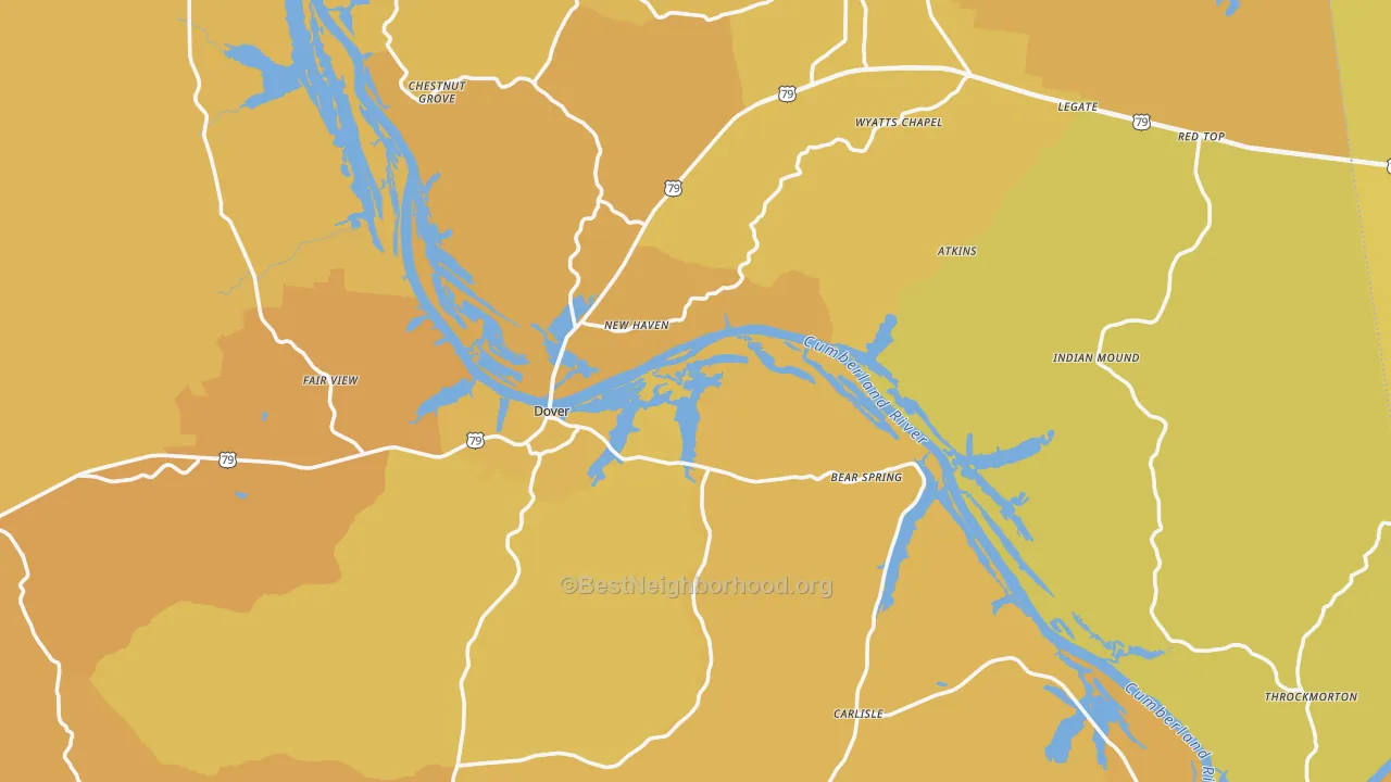 Map of the best neighborhoods in the Stewart County area, with better matches in green and worse matches in red
