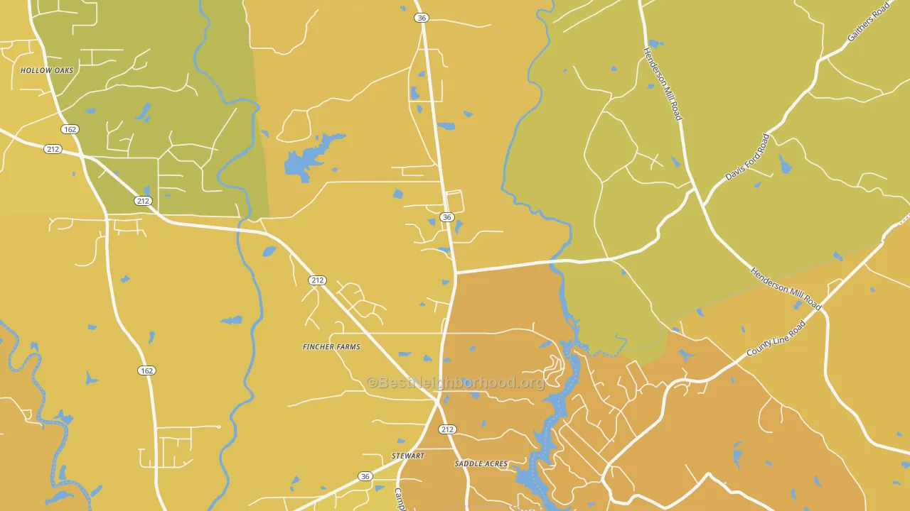 Map of the best neighborhoods in the Stewart area, with better matches in green and worse matches in red
