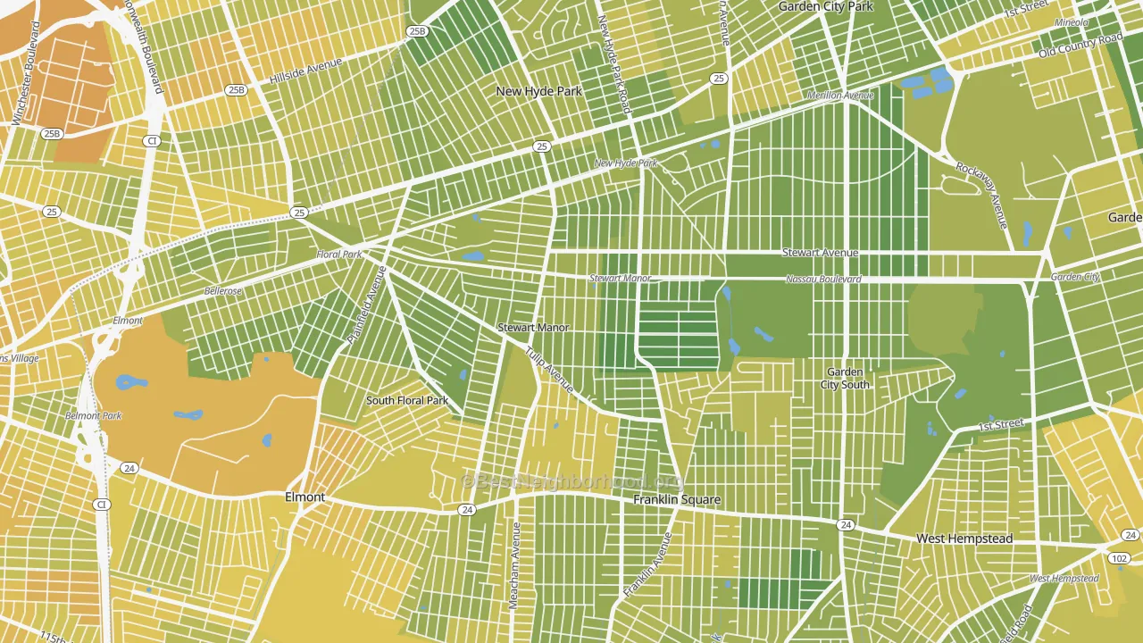 Map of the best neighborhoods in the Stewart Manor area, with better matches in green and worse matches in red