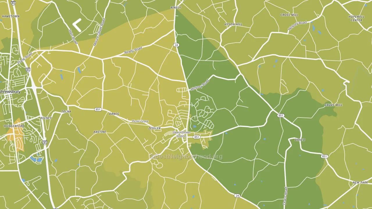 Map of the best neighborhoods in the Stewartstown area, with better matches in green and worse matches in red