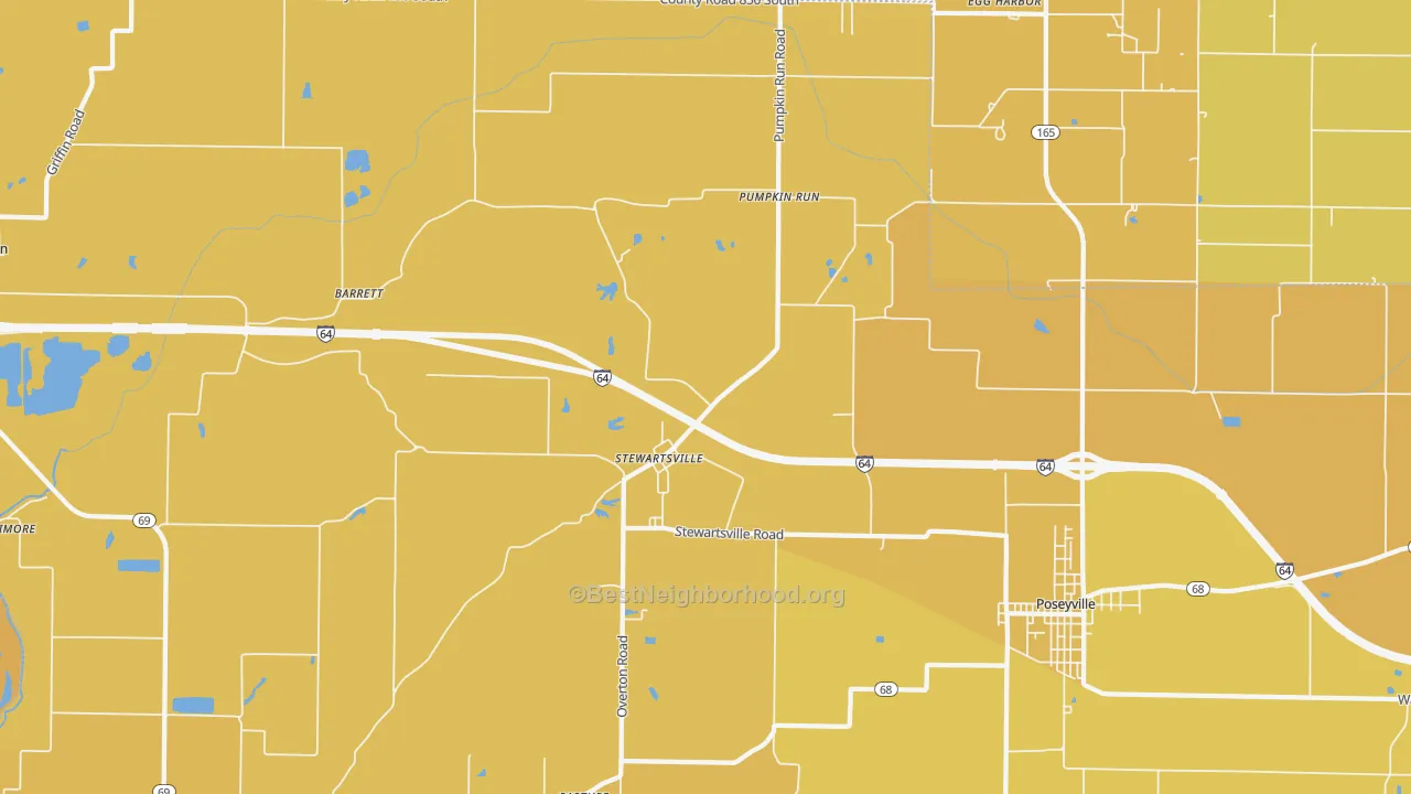 Map of the best neighborhoods in the Stewartsville area, with better matches in green and worse matches in red