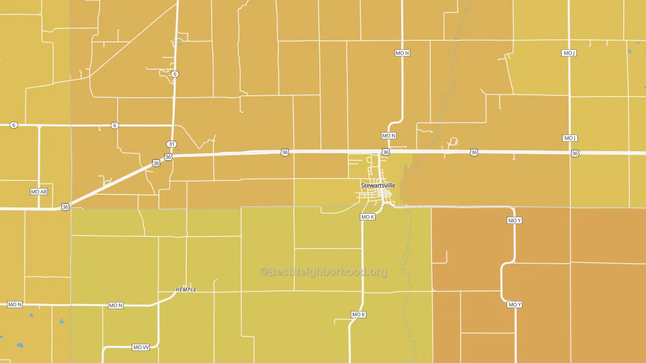 Map of the best neighborhoods in the Stewartsville area, with better matches in green and worse matches in red