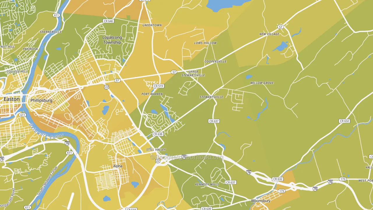 Map of the best neighborhoods in the Stewartsville area, with better matches in green and worse matches in red