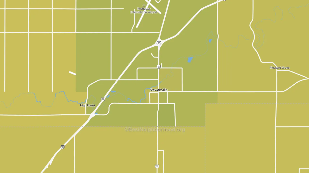 Map of the best neighborhoods in the Stewartville area, with better matches in green and worse matches in red