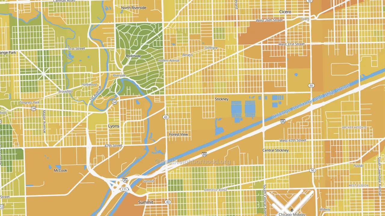 Map of the best neighborhoods in the Stickney area, with better matches in green and worse matches in red