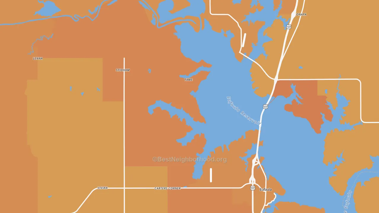 Map of the best neighborhoods in the Stidham area, with better matches in green and worse matches in red
