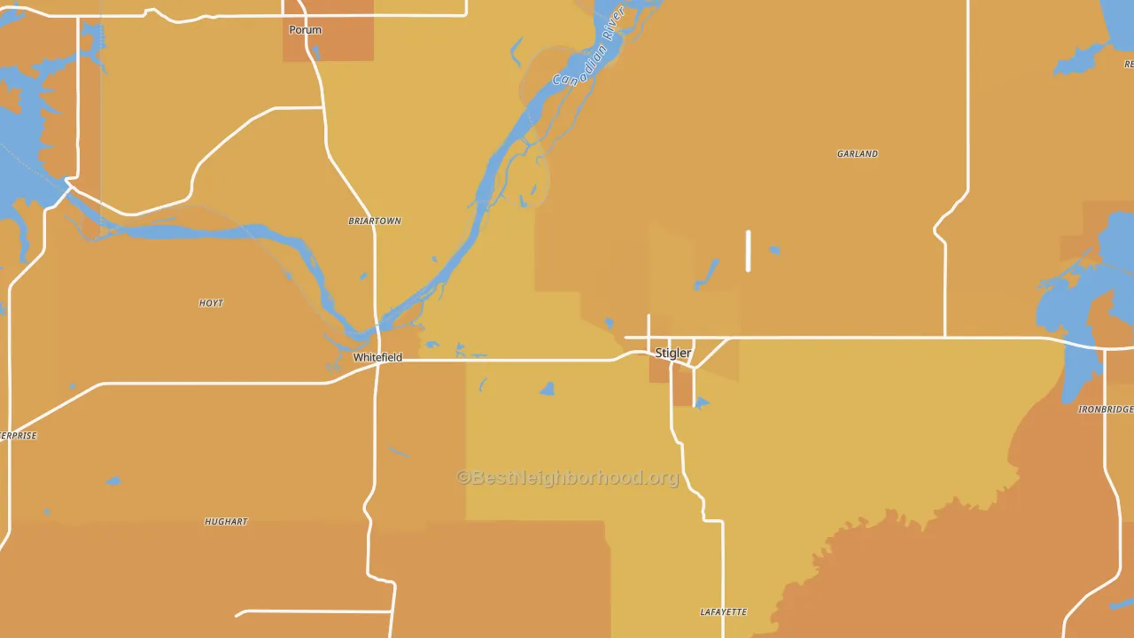 Map of the best neighborhoods in the Stigler area, with better matches in green and worse matches in red