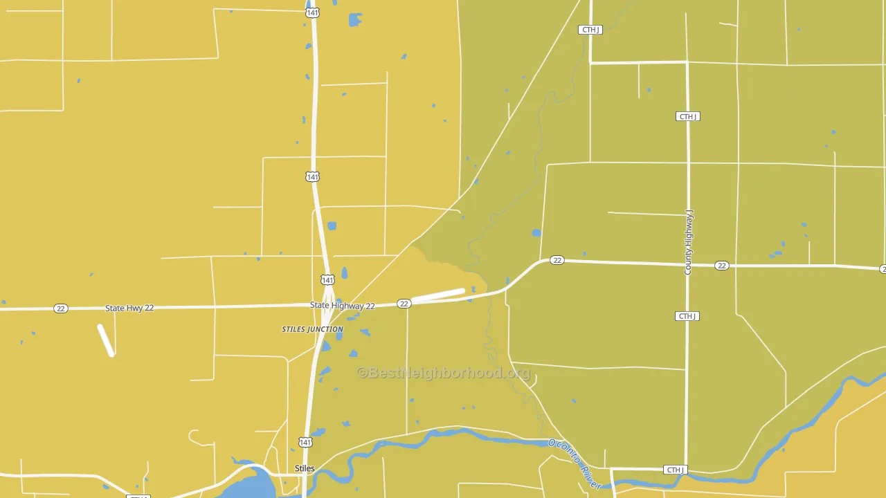 Map of the best neighborhoods in the Stiles Junction area, with better matches in green and worse matches in red