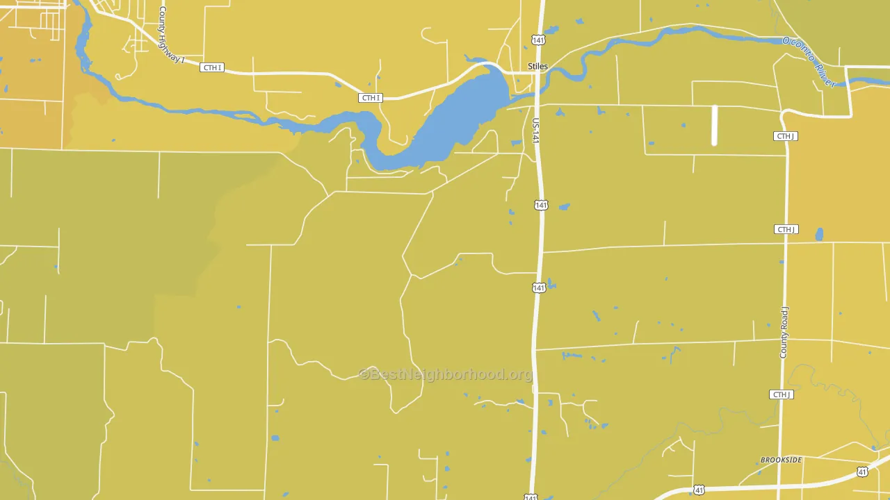 Map of the best neighborhoods in the Stiles area, with better matches in green and worse matches in red
