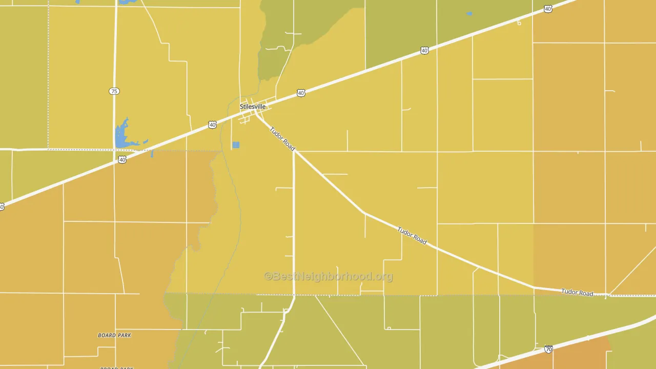 Map of the best neighborhoods in the Stilesville area, with better matches in green and worse matches in red