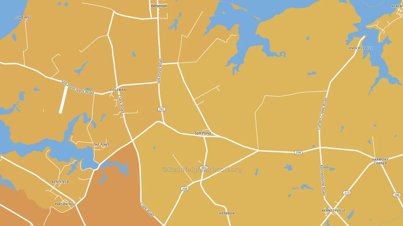 Map of the best neighborhoods in the Still Pond area, with better matches in green and worse matches in red