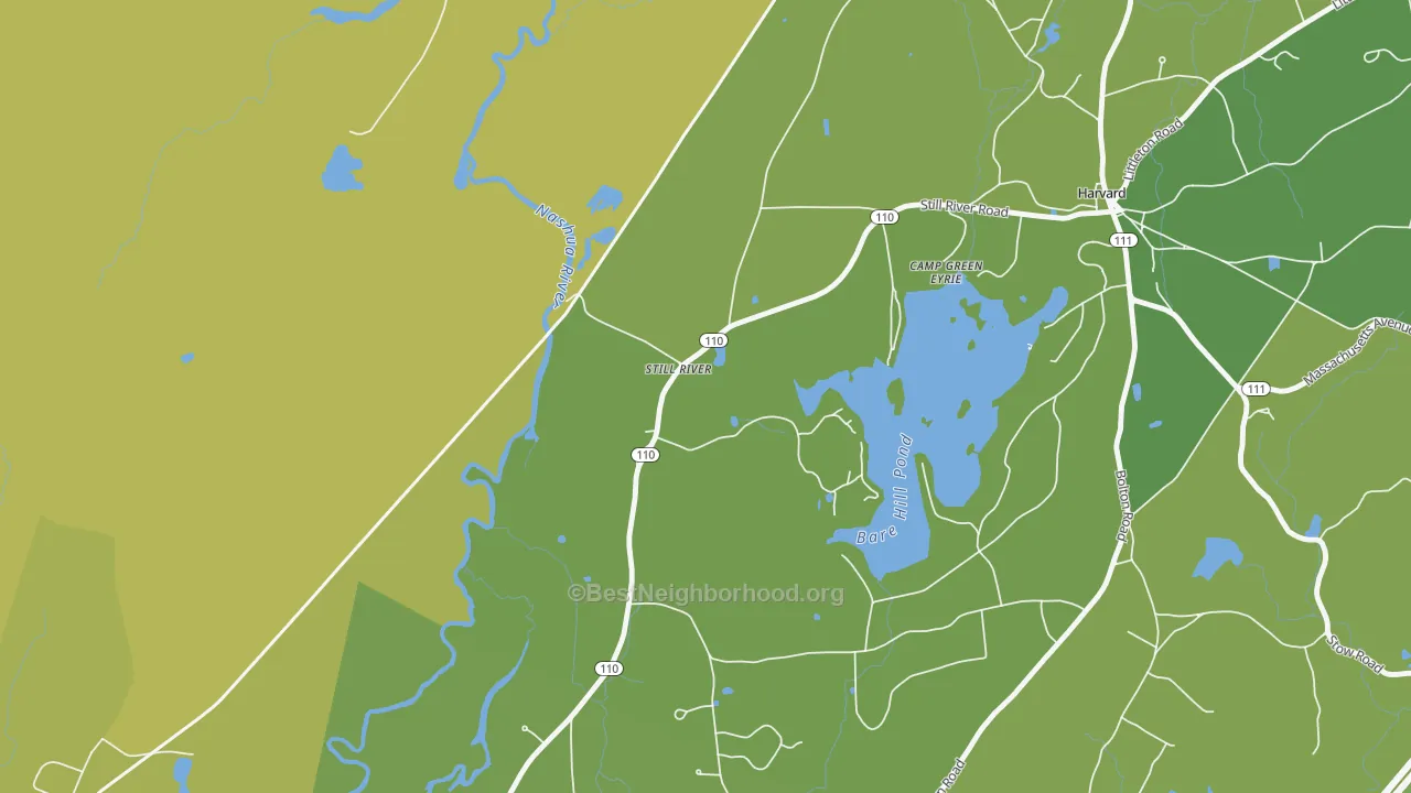 Map of the best neighborhoods in the Still River area, with better matches in green and worse matches in red