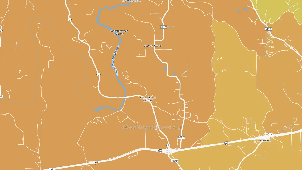Map of the best neighborhoods in the Stillhouse Springs area, with better matches in green and worse matches in red