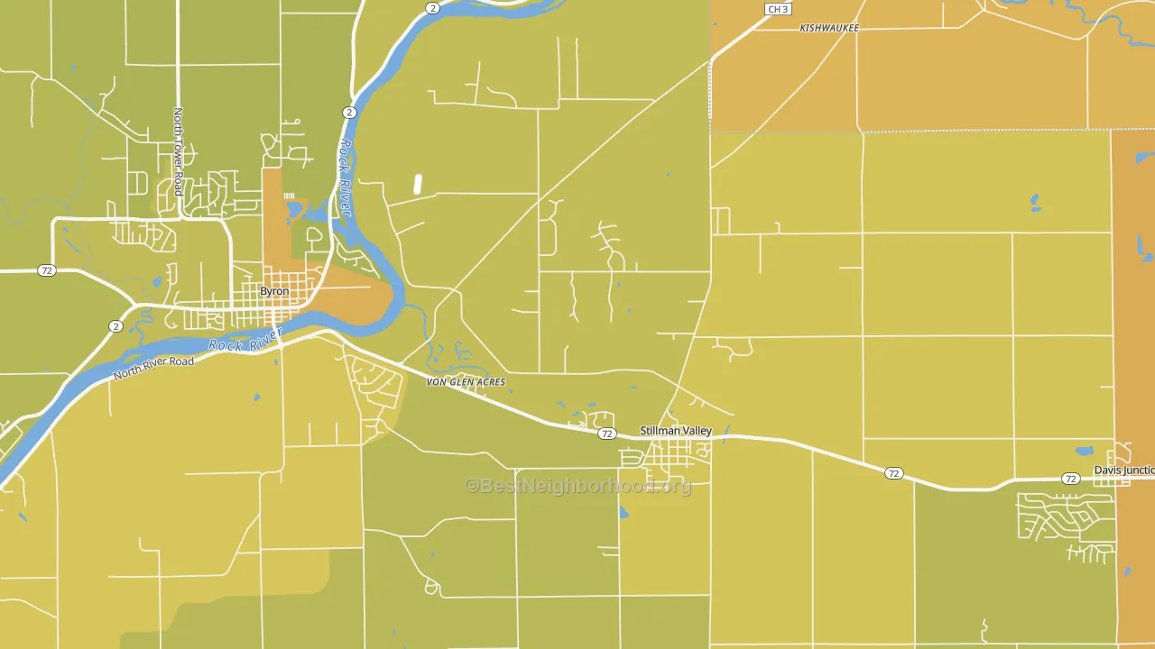 Map of the best neighborhoods in the Stillman Valley area, with better matches in green and worse matches in red