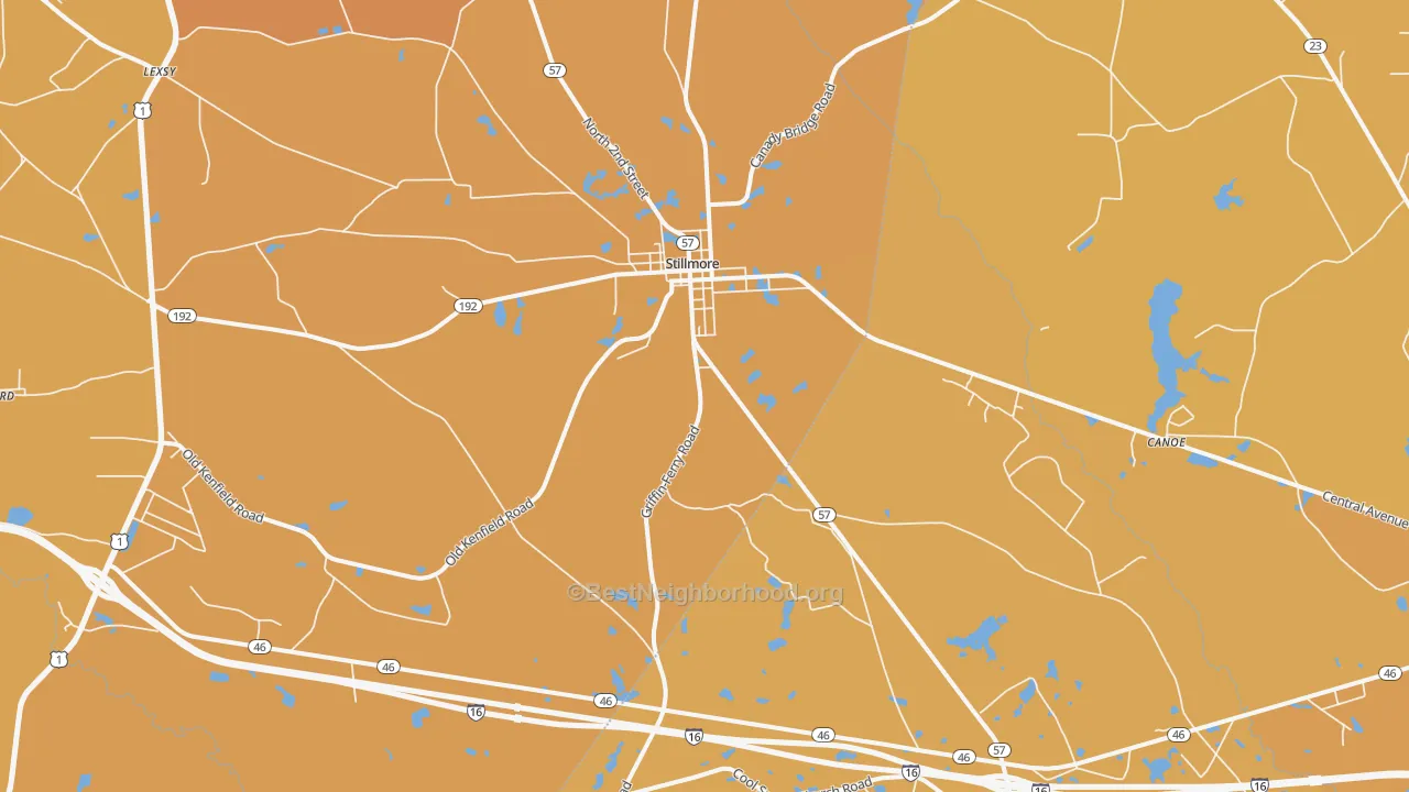 Map of the best neighborhoods in the Stillmore area, with better matches in green and worse matches in red
