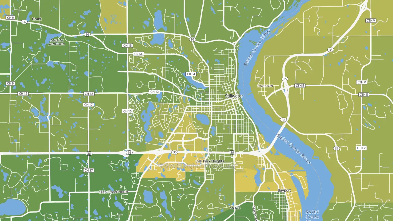 Map of the best neighborhoods in the Stillwater area, with better matches in green and worse matches in red