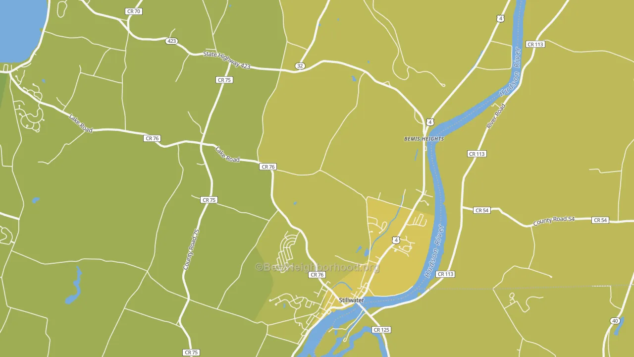Map of the best neighborhoods in the Stillwater area, with better matches in green and worse matches in red