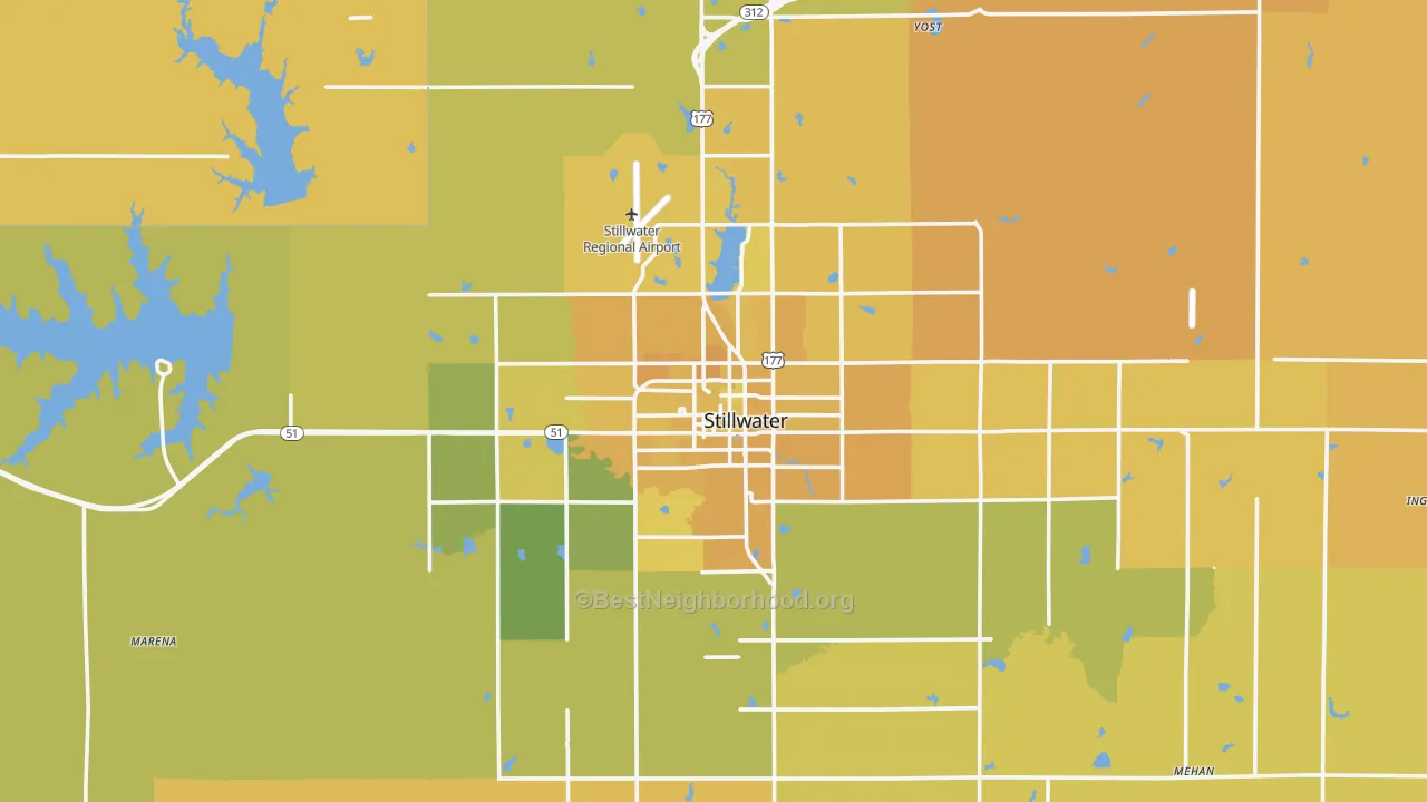 Map of the best neighborhoods in the Stillwater area, with better matches in green and worse matches in red